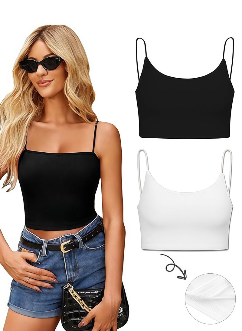 Polish'D 2 Pcs Women’s Sexy Spaghetti Strap Camisole, Y2K Tube Slim Fitted Yoga Cami Crop Top, Basic Tank Top, S - Image 1